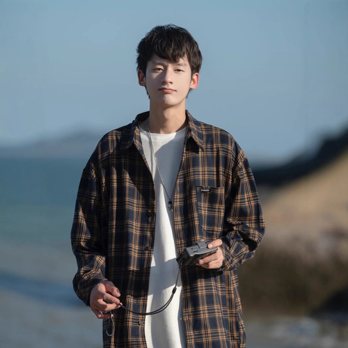 Men's long-sleeve grid shirt, spring and autumn men's clothing, autumn wear, thin men's shirt, outerwear, men's style