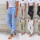 2024 Europe and the United States cross-border new foreign trade Amazon wish ladies high waist elastic waist solid color cotton and linen casual pants