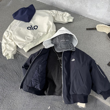 冬季美式儿童假两件连帽防水棉服外套男女童撞色刺绣字母加厚棉衣