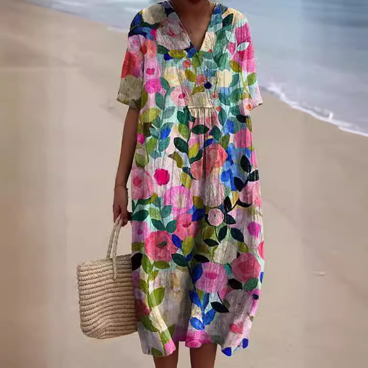 2024 New European and American Clothing Cross-Border Foreign Trade Amazon Women's Hot-Selling Comfortable Loose Printed Long Dress