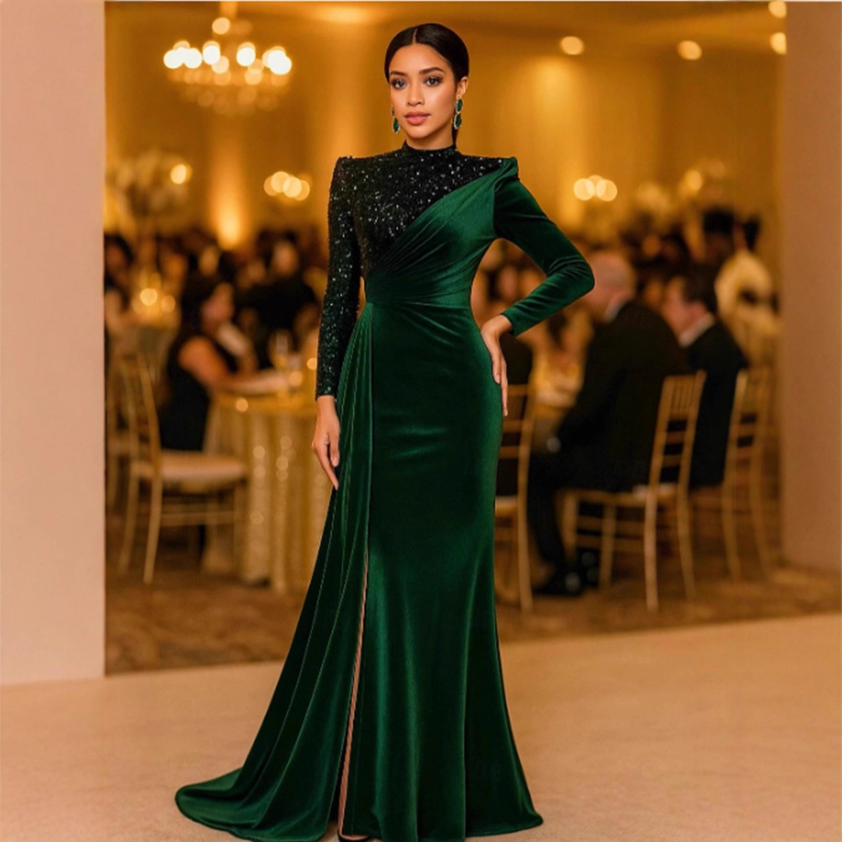 2025 Autumn New Amazon Long Sleeve Mermaid Long Dress with Shiny Sequins Swing Ball Dress Evening Dress