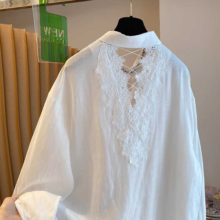 European Chic Design Niche Backless Shirt Women's Spring and Summer 2025 New Loose All-match Cotton Linen Top