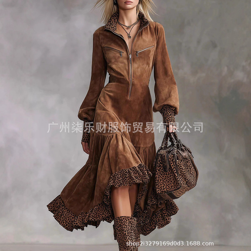European and American Cross-Border Popular 2025 Independent Station Western Style Zipper Retro Leopard Print Stitching Imitation Suede Dress for Women