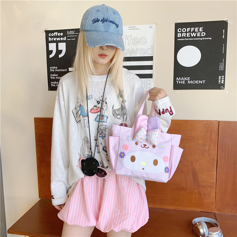 可爱卡通帆布手提包2025新款大容量时尚简约托特包轻便饭盒便当包