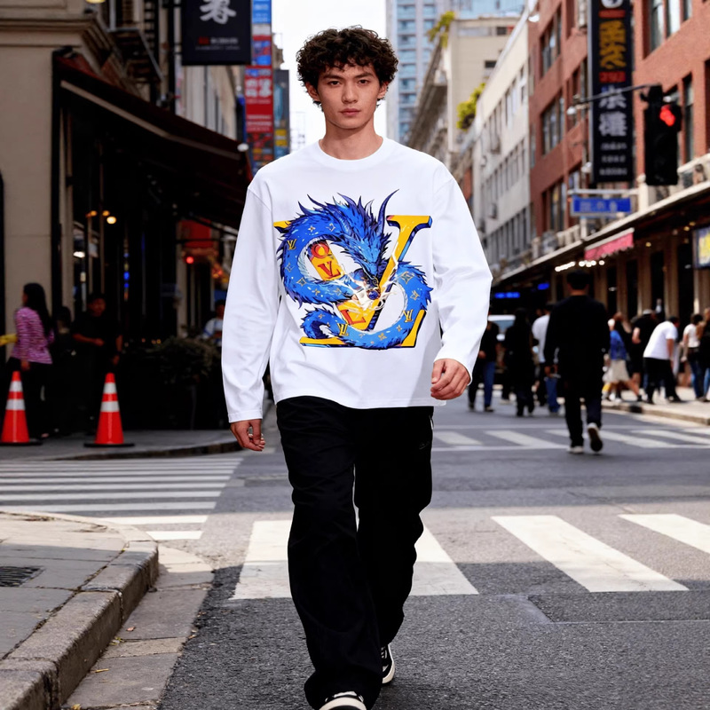 New Lv Element Blue Dragon Luxury Trendy Print Versatile Long-Sleeved T-Shirt