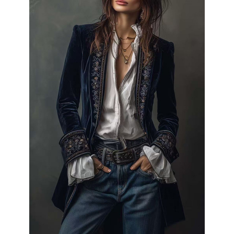 2025 European and American Cross-Border Amazon Independent Site Aliexpress Popular Women's Long-Sleeved Embroidered Velvet Jacket