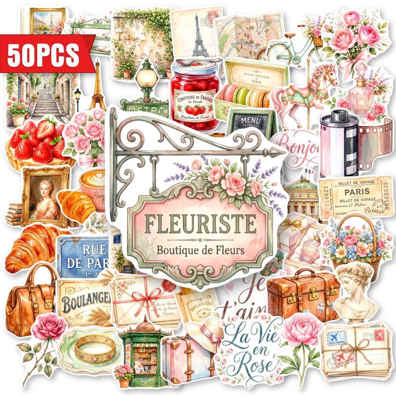 Cross-border direct purchase: 50 pieces of French-style romantic Parisian floral, architectural, and culinary stickers for decorating notebooks and journals
