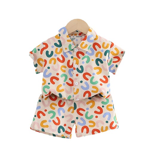 Children's Breathable Short-Sleeve Summer Outfit Set for Boys, Including Shirt and Shorts, Korean Style, Floral Pattern, Two-Piece Set