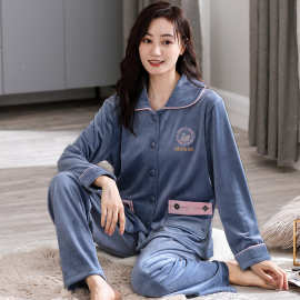 海岛绒睡衣女士秋冬款加厚加绒珊瑚绒开衫翻领法兰绒家居服套装