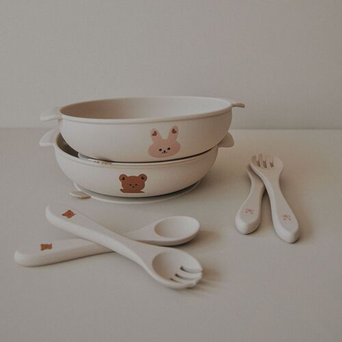 Korean style baby food supplement silicone dinner plate, one-piece anti-scalding compartmented dinner plate, suction cup tableware with lid, eating bowl