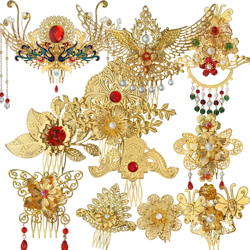 Coiffe dorée Hanfu de style ancien, fée volante de Dunhuang, ornements de cheveux pour femmes riches, couronne de cheveux à franges de palais_voghion.com