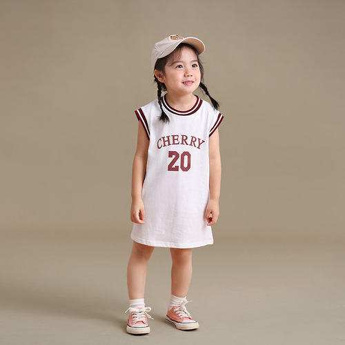 Girls' Dress Children's Tankini Dress Summer 2024 New Korean Style Baby Sports Casual Dress Sleeveless Basketball Dress