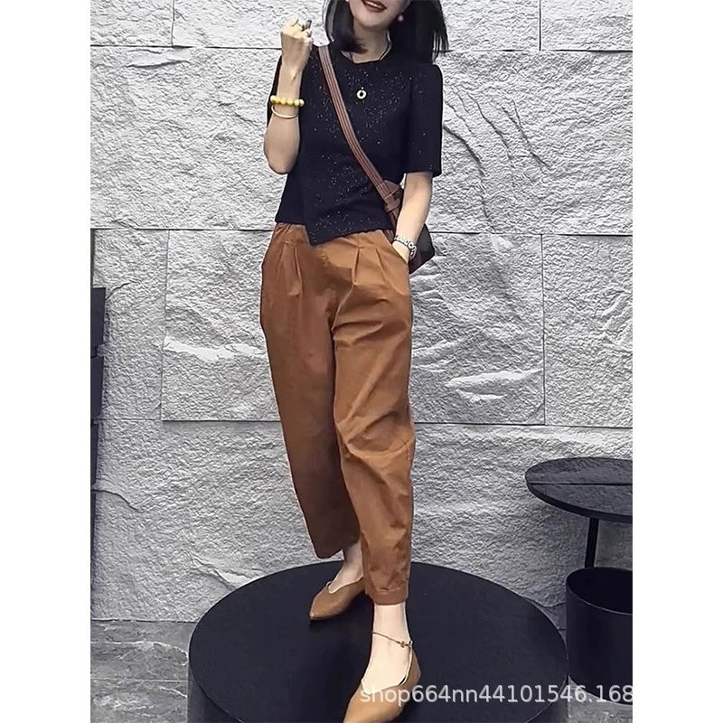 Летний костюм 2025 года в ретро стиле, женский, повседневный, с высокой талией, стройнящий, универсальный, модный, состоящий из двух предметов, трендовые повседневные брюки