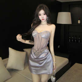 8093东南亚跨境外贸女装批发千金感吊带连衣裙包臀生日缎面短裙女
