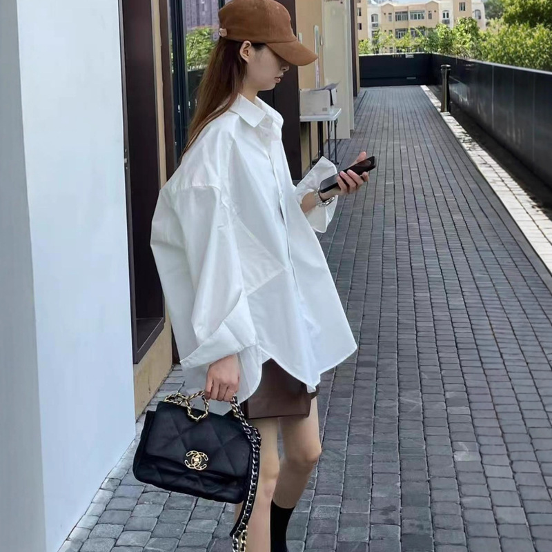 Jycccccc White Long-Sleeve Shirt for Women, Loose Fit, Solid Color, Lazy Style, Early Autumn Top, Women's Fashion, Japanese and Korean Casual Style