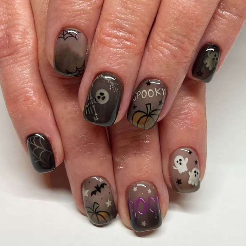 Halloween Coffee-Colored Skull Ghost Pumpkin Graffiti Design Short Square Press-On Nails Cross-Border Fake Nail Pieces