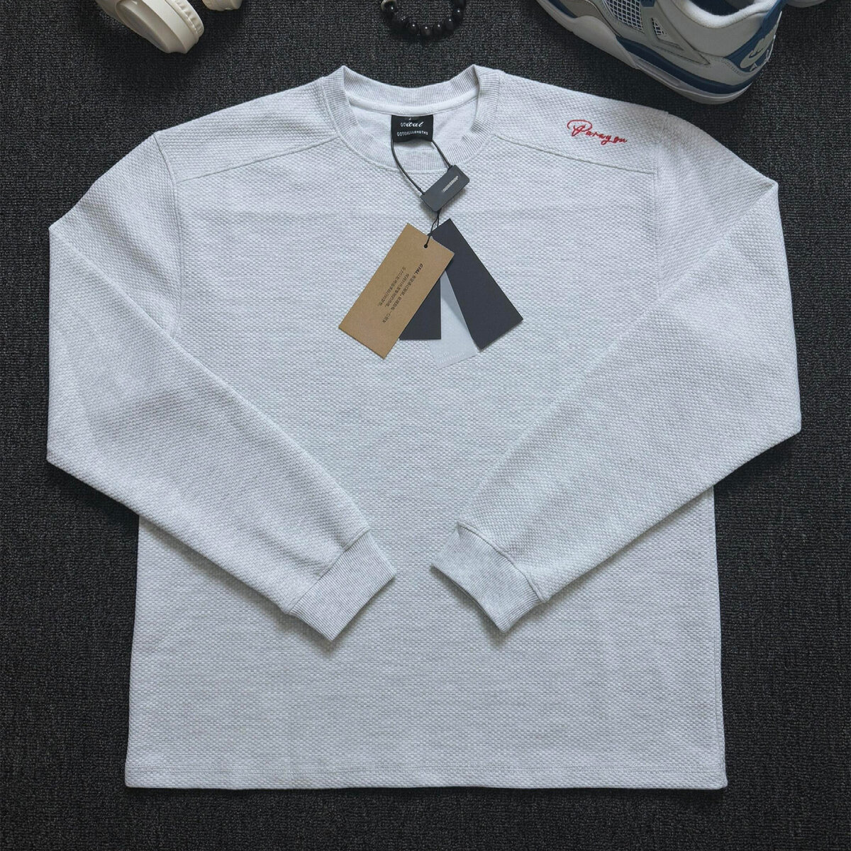 American-style red label honeycomb embroidered base layer shirt for men, autumn and winter, high-end feel, waffle knit, off-shoulder, long-sleeved fitness t-shirt