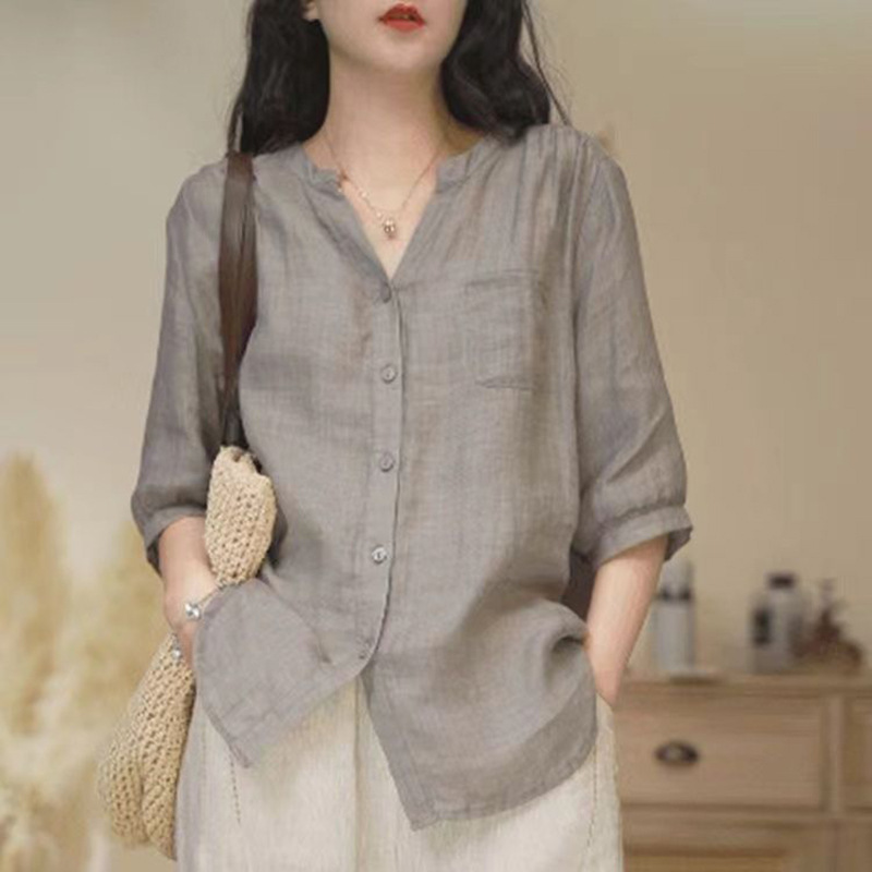 Casual Commuter Artistic Retro Casual Half Sleeve Cotton Linen Shirt Top Summer New All-match V-neck Design Sense Women