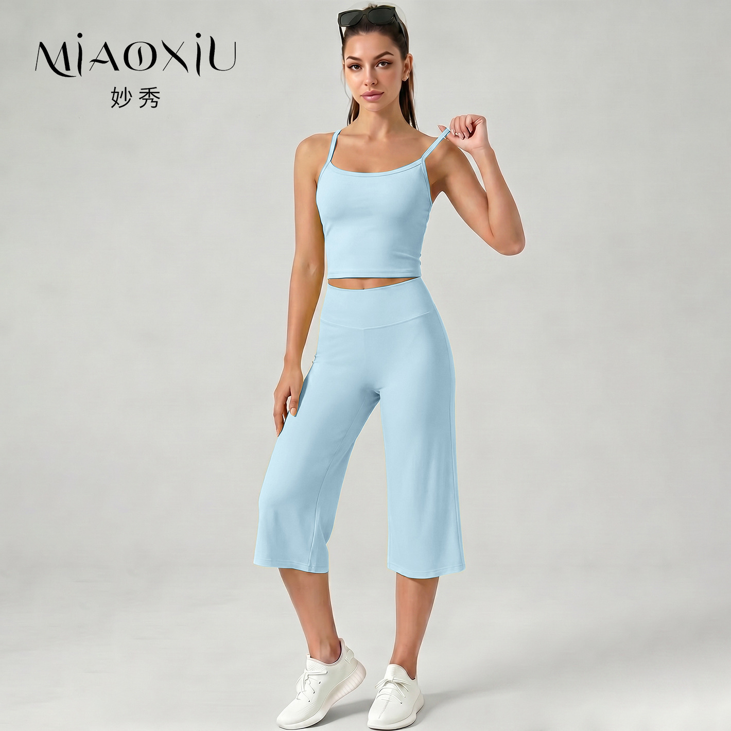 Cross-border best-selling yoga set: two-piece tank top and capri pants, quick-dry sports fitness yoga wear, naked-feel high-waist set