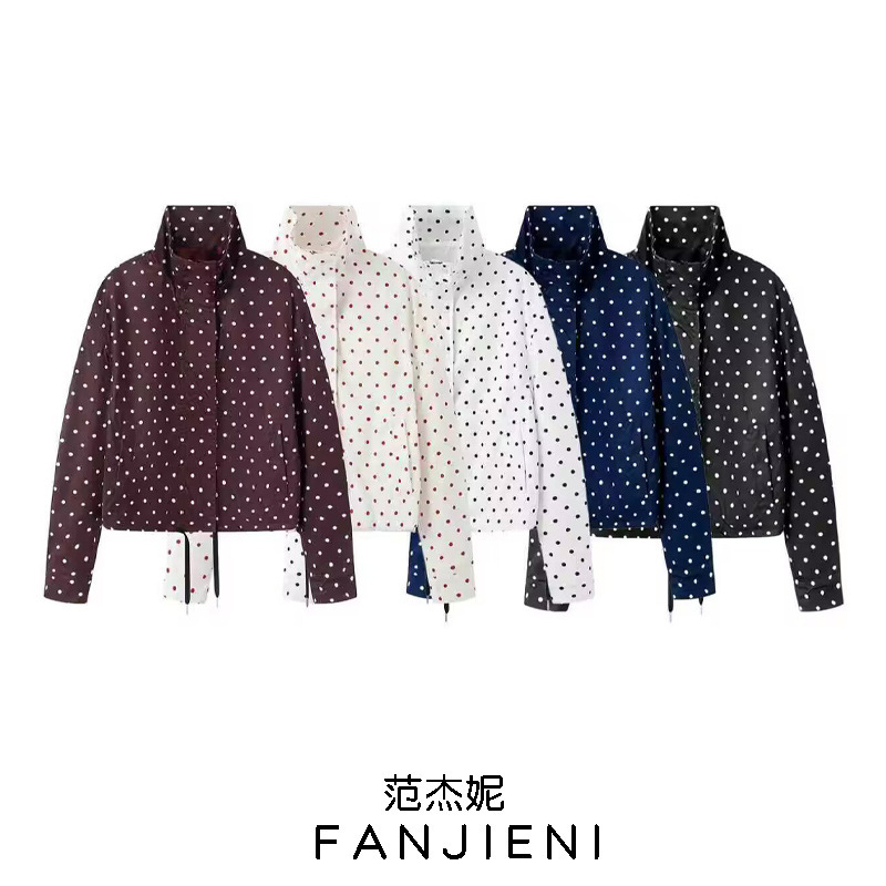 Zr Foreign Trade Wholesale European and American Style Women's Fashion Versatile Long Sleeve Lined Stand Collar Polka Dot Puff Sleeve Jacket Zr Foreign Trade Wholesale European and American Style Women's Fashion Versatile Long Sleeve Lined Stand Collar Polka Dot Puff Sleeve Jacket
