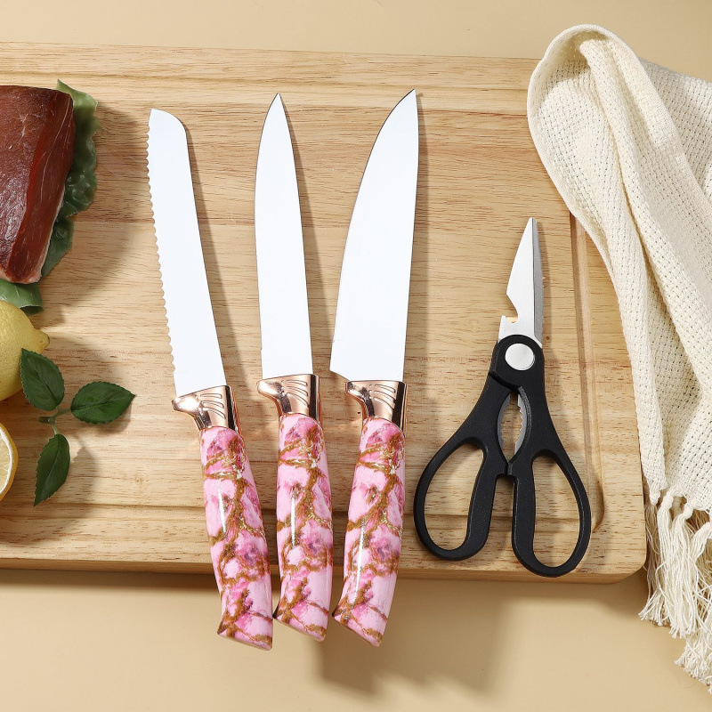 Spot cocina de mármol casero dorado cuchillo de cocina casero set de siete piezas cuchillo de cocinero cuchillo de pan