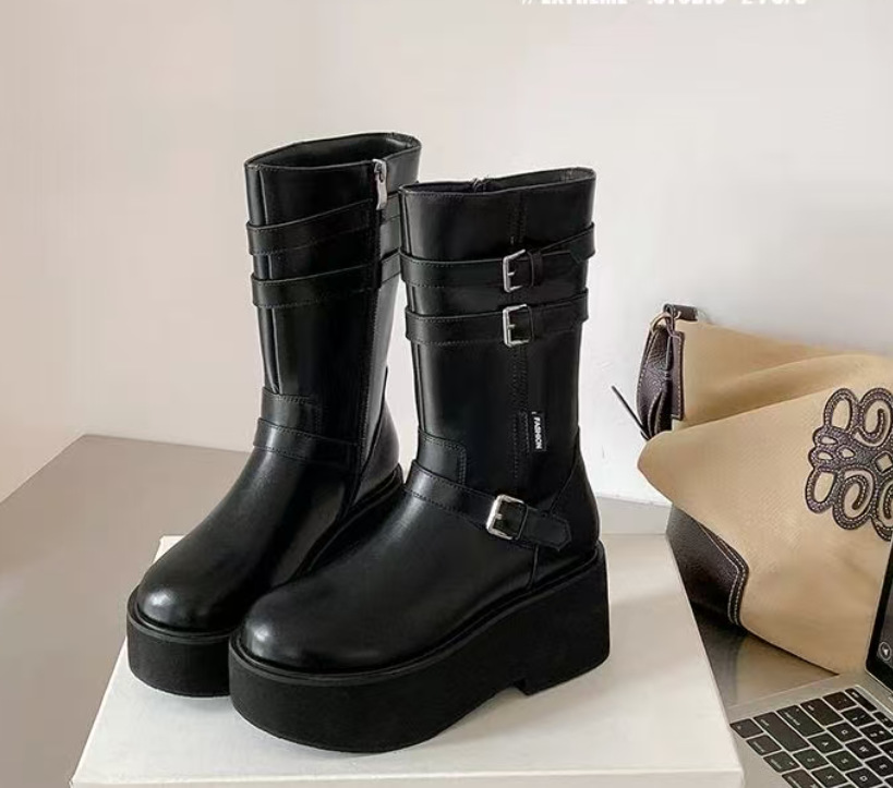 ナイトブーツ レディース 2025 秋冬新作 厚底レザー 高め プチブーツ レディース ハイブーツ アイドル フラット 替え