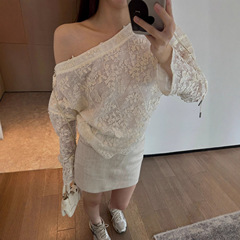 重工露肩刺绣闪片上衣初秋新款设计感露肩女长袖纯欲风蕾丝衫