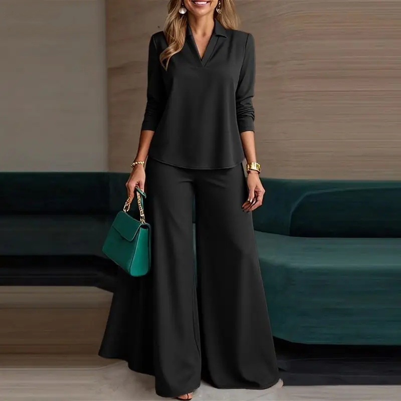 2026 Fashionable Women's Two-Piece Pants Set: Simple V-Neck Long Sleeve Top and Wide-Leg Pants - Women's Business Wear 3