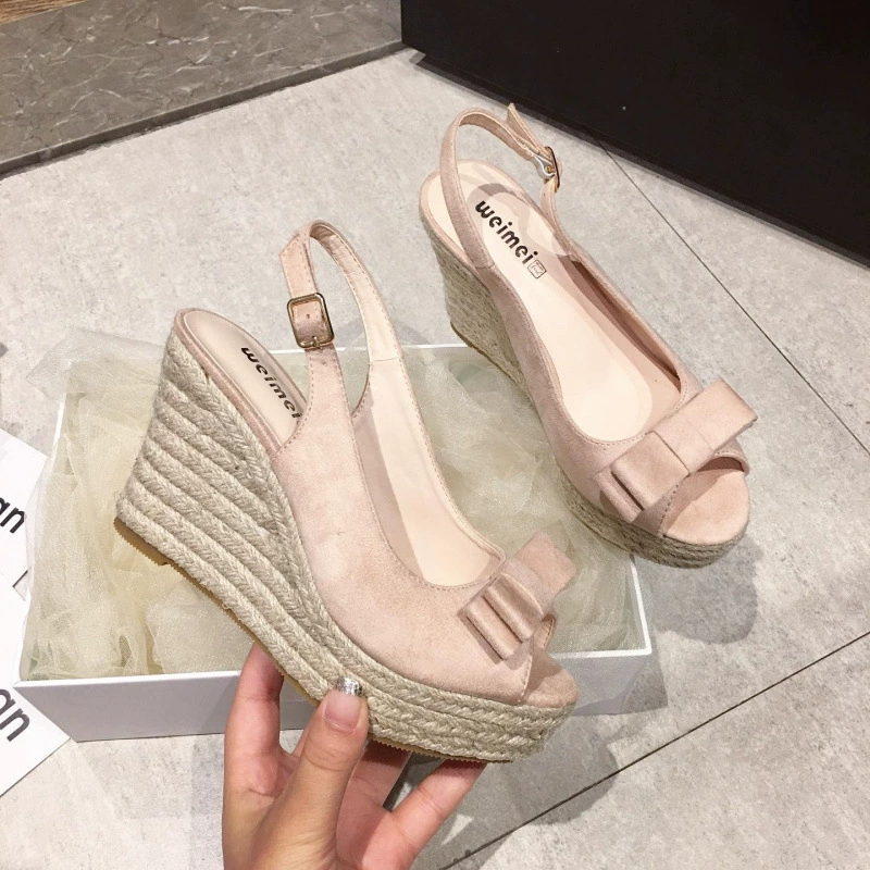 Босоножки на платформе из толстой водонепроницаемой пеньковой веревки, повседневные, однотонные, с открытым носком, замшевые, с милым бантом.