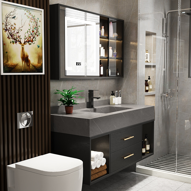 Luz de lujo Placa de roca integrado cuenca gabinete de baño combinación inteligente espejo lateral gabinete de baño lavabo mesa de lavado cuenca