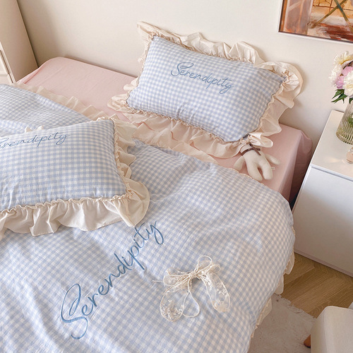 PK7J Princess Style Four-Piece Set Pure Cotton All-Cotton Winter Student Three-Piece Set Gingham Comforter Sheet Set Bedding