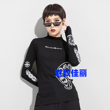 欧美暗黑T恤打底衫秋冬新款女装半高领印花显瘦长袖T恤修身弹力T