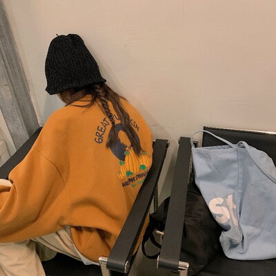 實拍2021冬季寬松加絨刺繡印花設計感套頭長袖常規假兩件衛衣女裝