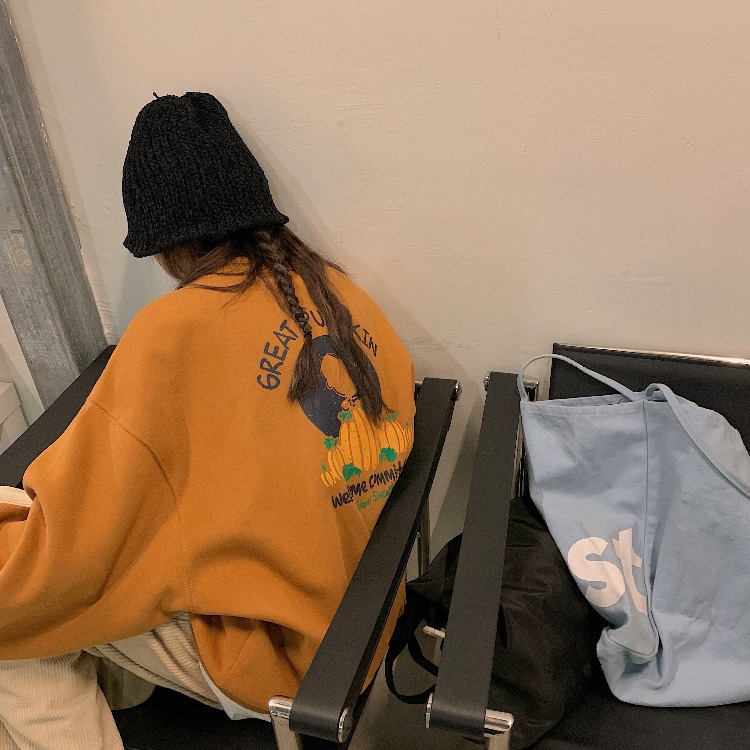 實拍2021冬季寬松加絨刺繡印花設計感套頭長袖常規假兩件衛衣女裝