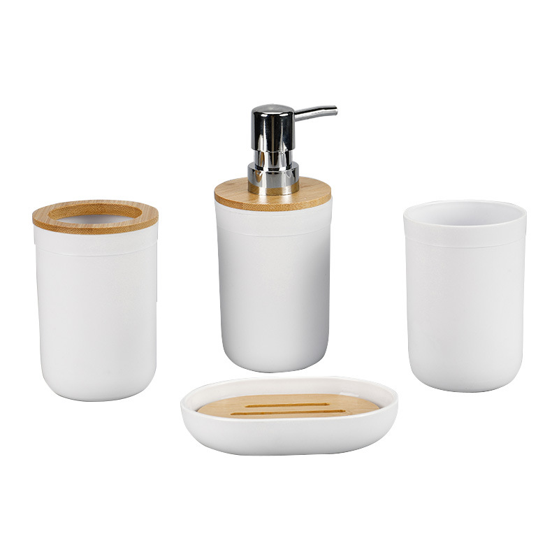 Cubierta de bambú baño lavado plástico de cuatro piezas conjunto de fábrica al por mayor estante de almacenamiento de inodoro titular de cepillo de dientes conjunto de cuatro piezas
