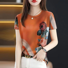 卸売り2025年の新型夏の起爆女性tシャツは痩せていて、丸首のファッション半袖を隠しています。