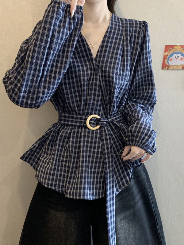 深蓝色格子长袖衬衫女秋装2025新款大码胖mm高级收腰绑带遮肚上衣|undefined