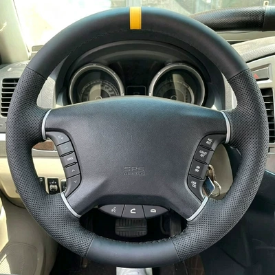 wheel cover, hand-stitched, Steering wheel cover - mitsubishi-series-with-holes-on-both-sides-yellow-return-mark-yellow-line-38cm