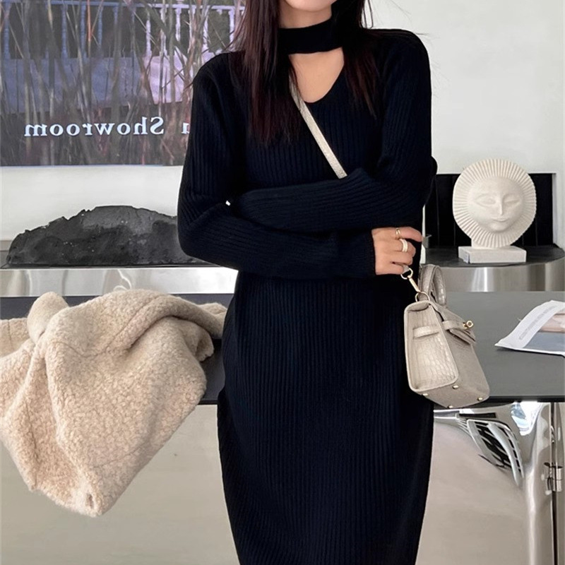 Strickkleid mit hängendem Ausschnitt für Damen im Herbst und Winter 2023, lockeres und langes knielanges Unterteil, gepaart mit Mantel, Pullover und Rock_voghion.com