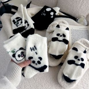 Black and white panda cartoon socks children's socks autumn and winter fleece-lined thickened new warm cold-resistant cute snow floor socks