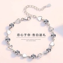990纯银手链韩版足银心心相印手链生日告白礼物小香风ins小众精致