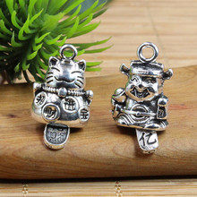藏银复古招财猫铃铛吊坠 仿925银款财神 diy合金配件饰品配件