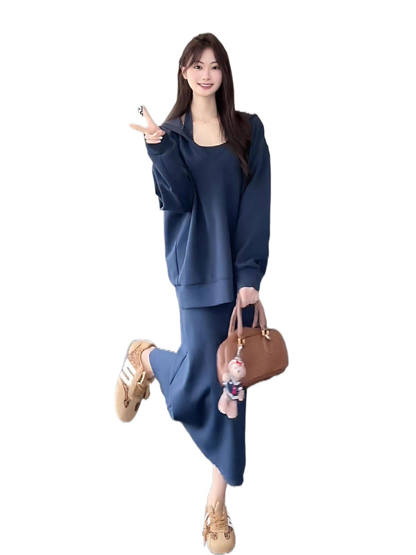 韩系蓝色V领长袖卫衣女秋宽松遮肚显瘦上衣搭挂修身脖连衣裙笙陇|undefined