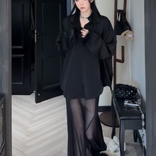 设计感复古辣妹黑色套装女春夏新款宽松衬衫网纱拼接长裙两件套女