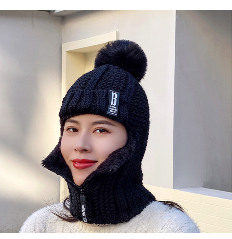 New Winter Knitted Korean Edition Plush Pullover Ear Protection Women's Cycling Woolen Zipper Neck Warm Hat_voghion.com