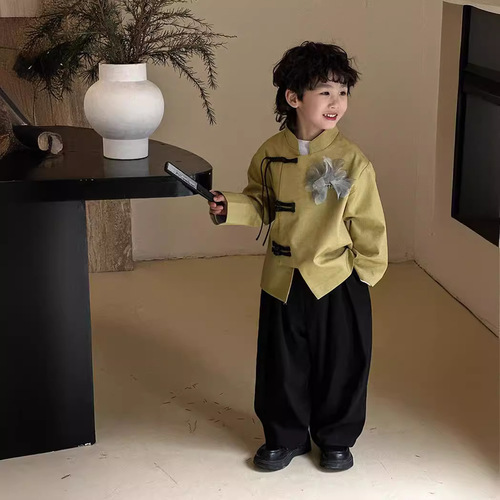 Chinese-style children's clothing sets, Chinese-style Hanfu and Tang-style clothes, 2024 spring and autumn new items, stand-up collar top and pants, one piece for drop shipping, trendy