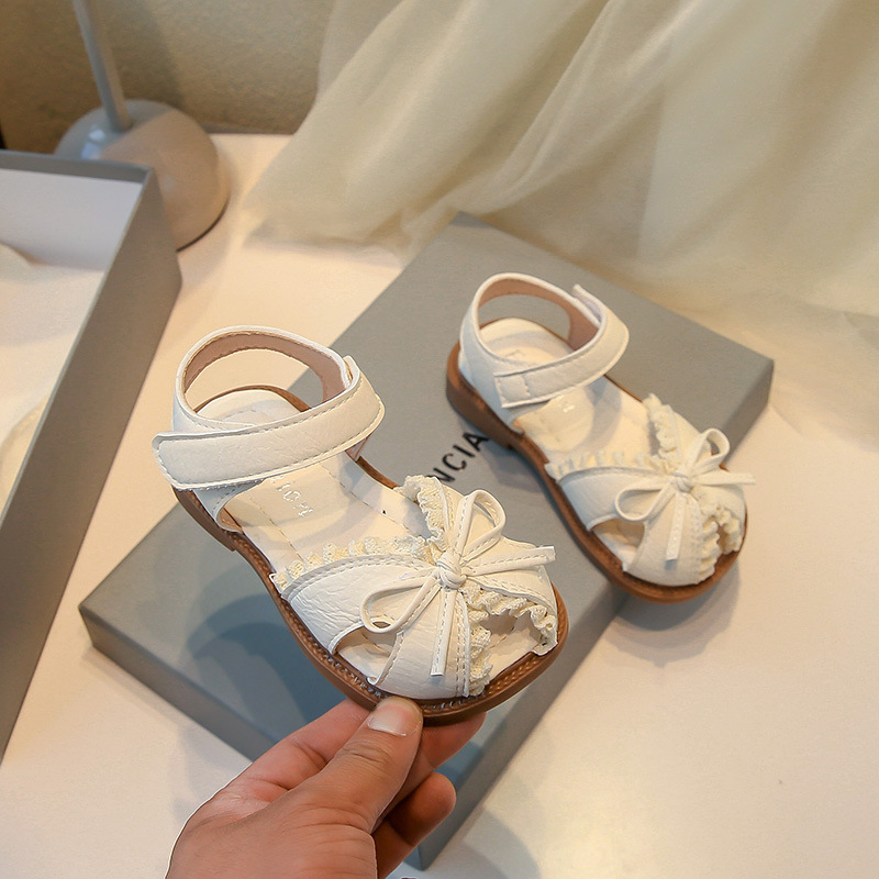 女の子サンダル夏の新しい子供の甘いリボンレースプリンセスサンダル子供ソフト底包頭ビーチシューズ|undefined