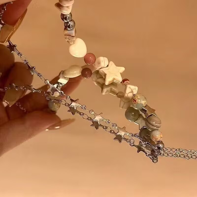 奶油色双层星星手串冥王星手链迷游星际~ 小众设计少女碎石手饰