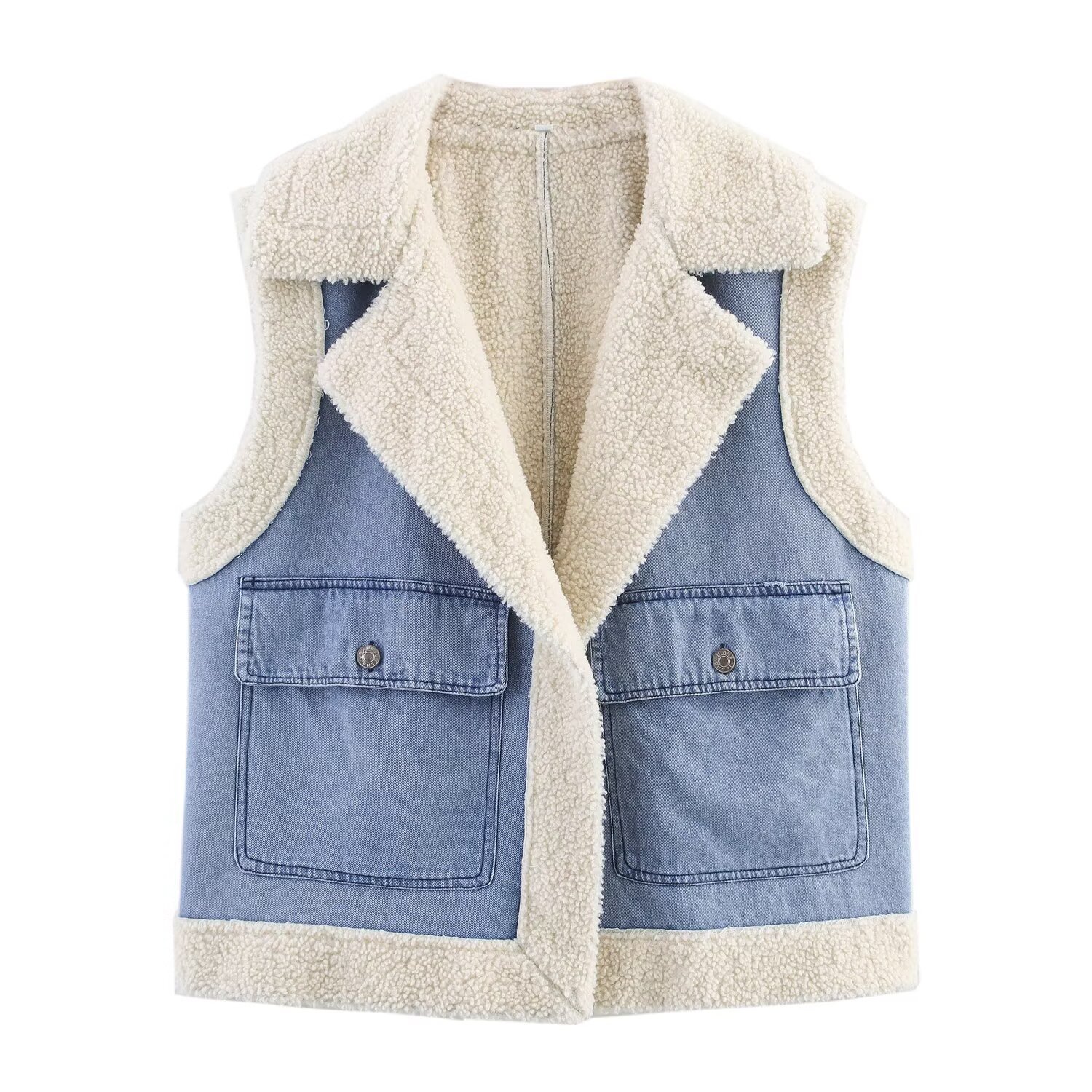 Pb&Za Women's 2025 Summer New European and American Style Retro Denim Distressed Velvet Casual Vest Jacket