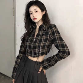 拉链格子长袖衬衫女设计感小众春秋辣妹短款修身收腰露脐显瘦上衣